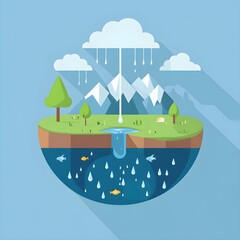 A minimalistic water cycle diagram with rain, evaporation, and condensation in flat design