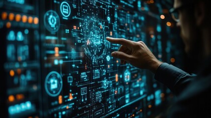 Fototapeta premium businessman touching organization chart on virtual interface screen business process and workflow automation with flowchart hierarchical structure of teams and employees in the compan