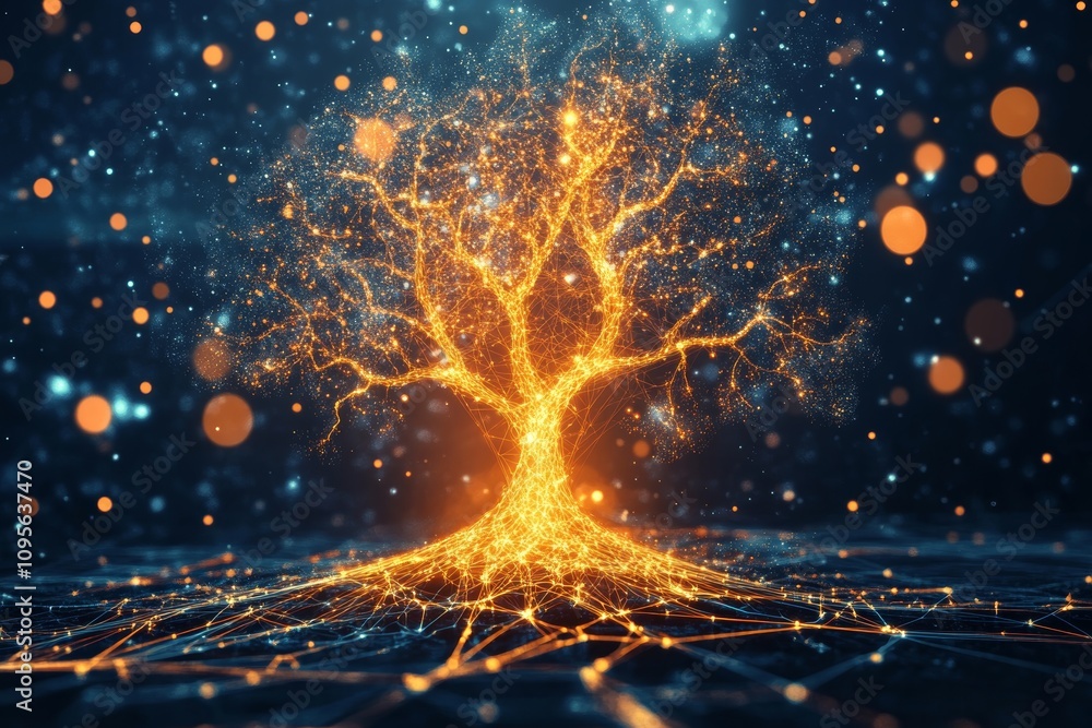 Poster glowing tree of knowledge in digital network with abstract illuminations