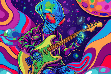 A vibrant illustration of an alien playing guitar in a colorful cosmic setting, showcasing an energetic and playful mood.