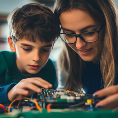 A woman and a boy engage in hands-on electronics exploration, working together on a circuit board, highlighting teamwork and learning.