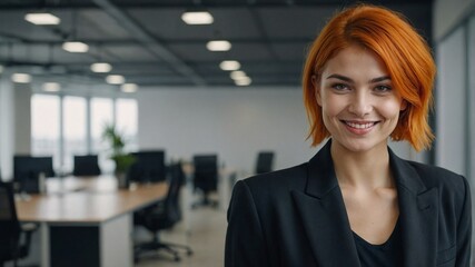 Obraz premium Close up cinematic portrait of orange haired woman in office, corporate businesswoman