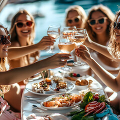 A vibrant celebration with friends enjoying drinks and a delicious meal on a boat, surrounded by water and sunshine.