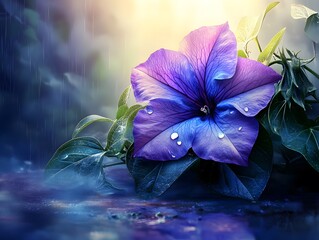 Purple flower with raindrops, dark background.