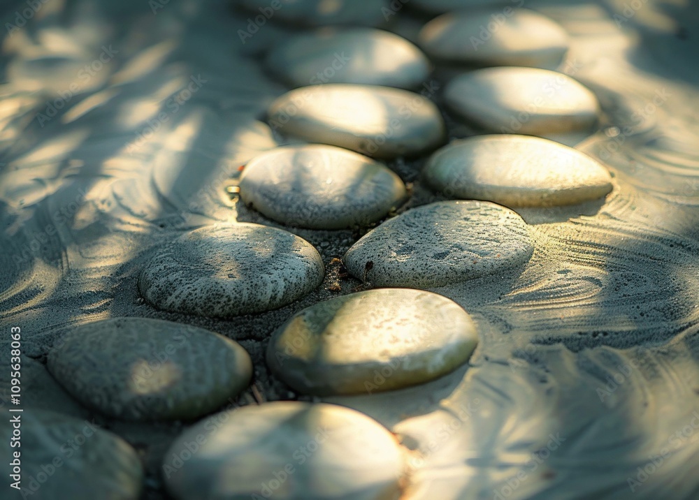 Poster smooth pebbles arranged in a serene pattern on a sandy surface, illuminated by soft sunlight creatin