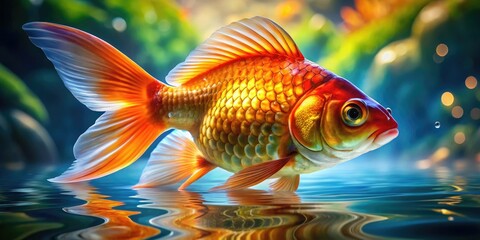 Fototapeta premium Stunning Close-Up of a Shimmering Goldfish in a Tranquil Aquatic Environment - Macroscopic Photography to Capture the Beauty of Nature and Underwater Life