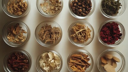 Assorted dried herbs and pills in glass bowls.