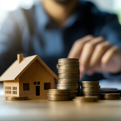 A wooden house model sits beside stacks of coins, symbolizing financial growth and investment in real estate.