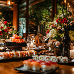 A beautifully arranged table featuring sushi, floral centerpieces, and elegant glassware, creating a warm and inviting dining atmosphere.