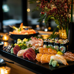 A beautifully arranged sushi platter featuring various types of sushi, sashimi, and vibrant garnishes, set in an elegant dining environment.