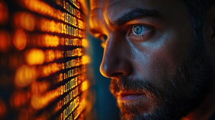 digital software development internet technology concept software apps developer man programmer working on mobile phone and laptop with binary javascript computer code big data on virtual scree