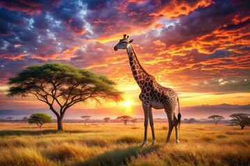 Obraz premium Watercolor Giraffe in Savanna Sunset - Artistic Wildlife Fashion Photography, Nature Illustration, Serene Landscape, Giraffe Art, Sunset Colors, African Savannah, Wildlife Aesthetic, Bohemian Style
