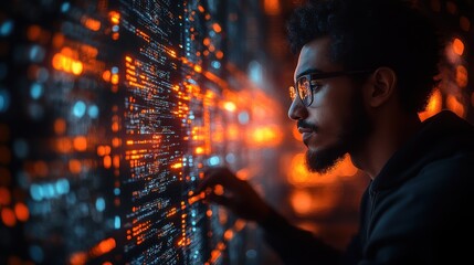 digital software development internet technology concept software apps developer man programmer working on mobile phone and laptop with binary javascript computer code big data on virtual scree