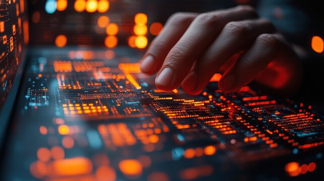 digital software development internet technology concept software apps developer man programmer working on mobile phone and laptop with binary javascript computer code big data on virtual scree