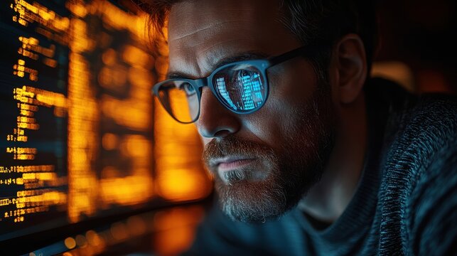 digital software development internet technology concept software apps developer man programmer working on mobile phone and laptop with binary javascript computer code big data on virtual scree