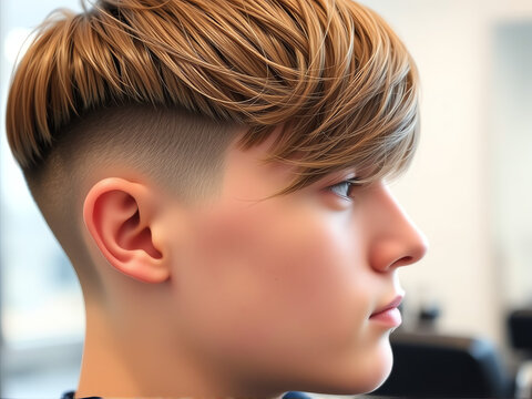 Stylish new haircut for a young boy showcasing a modern undercut with long layered top in a barbershop