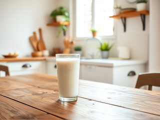 Refreshing glass of milk on a wooden table in a bright kitchen