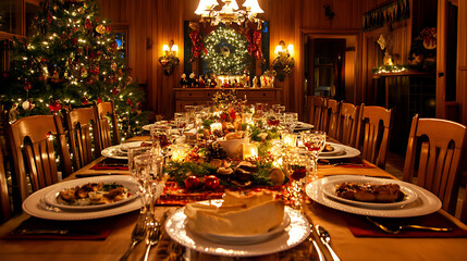 A festive family dinner with a beautifully decorated table, traditional meals, and heartfelt laughter shared among loved ones in a warmly lit room. 