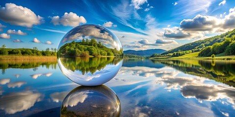 Serene lake reflecting a vibrant landscape, captured within a gleaming sphere, a perfect idyllic scene.