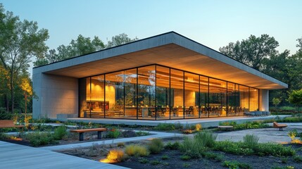 Obraz premium Modern Glass Pavilion in a Garden Setting