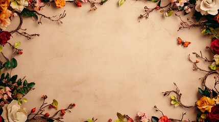 A stunning floral border featuring vibrant flowers and delicate branches around a blank paper background.