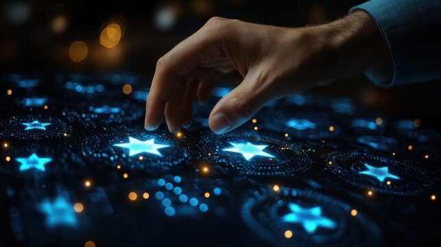 hand of businessman touching five star symbol to increase rating of company concept copy space background for your titl