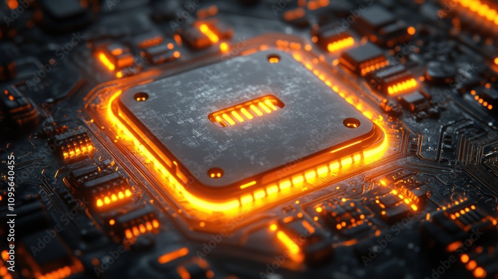 Poster closeup of a glowing processor on a circuit board