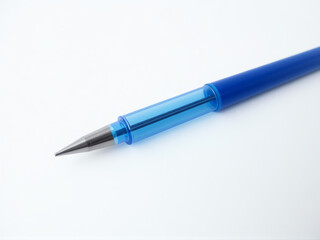 Bright blue pen resting on a clean white surface