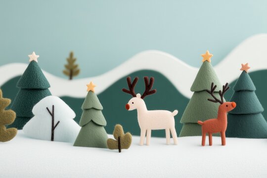 Paisagem de natal em miniatura com Papai Noel, renas e pinheiros cobertos de neve, estilo l&uacute;dico e colorido, criado por IA generativa.