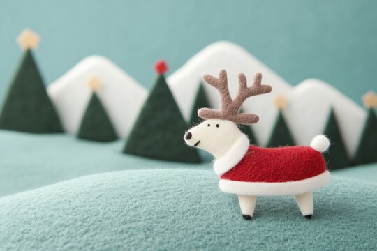 Paisagem de natal em miniatura com Papai Noel, renas e pinheiros cobertos de neve, estilo l&uacute;dico e colorido, criado por IA generativa.