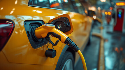 Fototapeta premium Electric vehicle charger plugged into car.