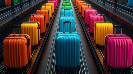 Conveyor belt airport. A vibrant display of colorful luggage arranged in rows, showcasing a variety of bright suitcases on a conveyor-like surface, emphasizing travel and style.