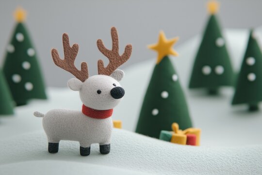 Paisagem de natal em miniatura com Papai Noel, renas e pinheiros cobertos de neve, estilo l&uacute;dico e colorido, criado por IA generativa.