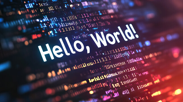 white "Hello, World!" Text against programming code for International Programmers' Day background.