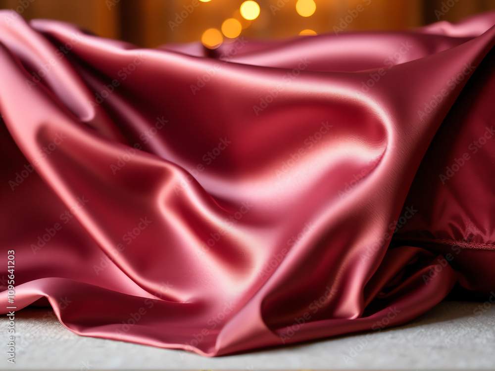 Poster soft satin fabric draping elegantly on a surface with warm bokeh lights in the background