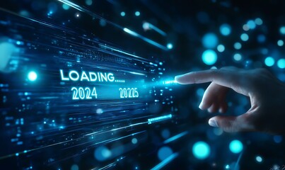  Progress and transition from 2024 to 2025 concept. A person pointing to loading bar transitioning from 2024 to 2025, progress, future planning, and new year goals. annual planning and business growth