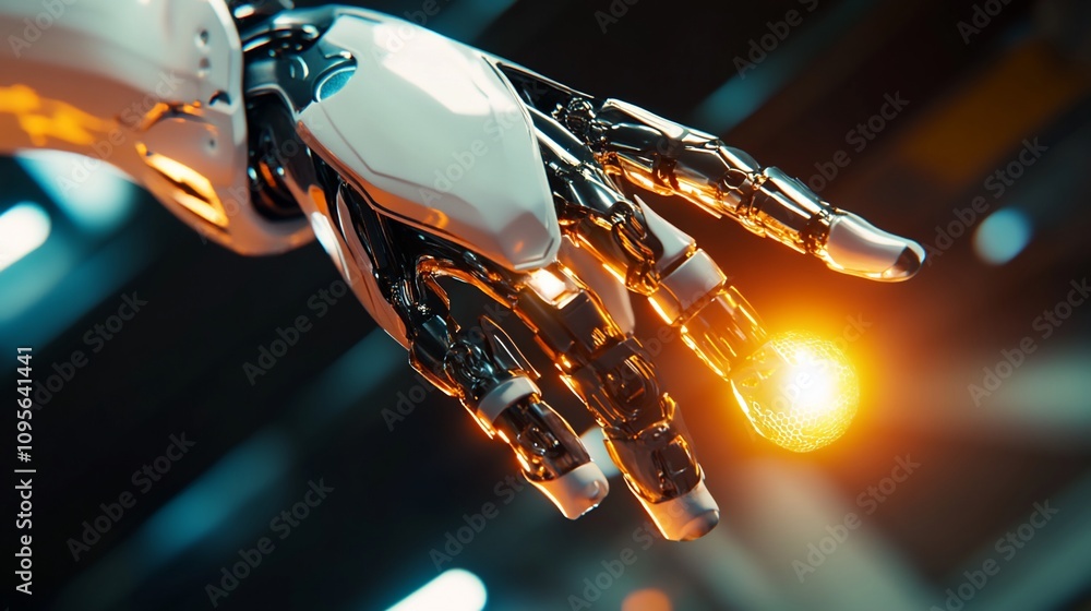 Poster close-up of a robotic hand with glowing orb.