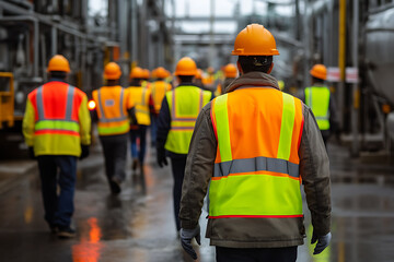 Workers wearing high-visibility vests participating in an emergency evacuation drill at an industrial plant, emphasizing safety protocols and teamwork in risk preparedness.
