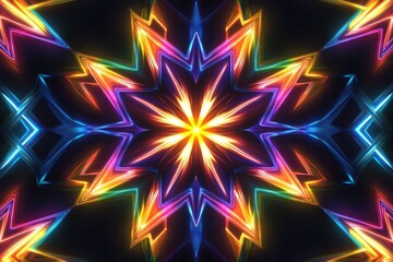 Fototapeta premium Vibrant neon kaleidoscope pattern with radiant star design