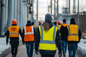 Obraz premium Workers wearing high-visibility vests participating in an emergency evacuation drill at an industrial plant, emphasizing safety protocols and teamwork in risk preparedness. 