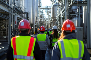 Workers wearing high-visibility vests participating in an emergency evacuation drill at an industrial plant, emphasizing safety protocols and teamwork in risk preparedness.
