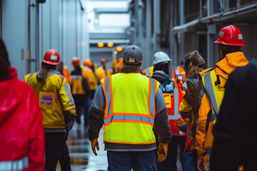 Workers wearing high-visibility vests participating in an emergency evacuation drill at an industrial plant, emphasizing safety protocols and teamwork in risk preparedness.
