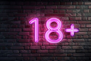 Neon 18+ sign on brick wall