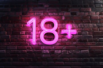 Neon 18+ sign on dark brick wall highlighting age restriction