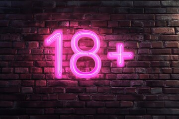 Neon 18+ sign on brick wall at night