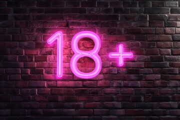 Neon 18+ sign on brick wall background