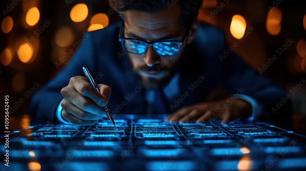 Poster organization chart mind map businessman uses a pen to draw an organigram on a virtual screen hr mana