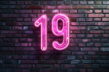 Neon pink number 19 on brick wall background