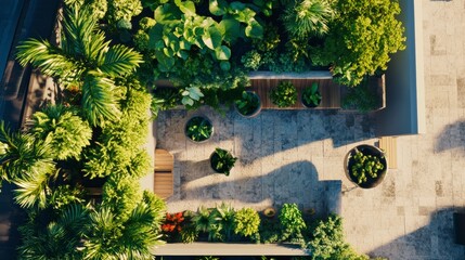 Fototapeta premium Lush Urban Rooftop Garden with Various Green Plants, Planters, and a Cozy Seating Area Surrounded by Tropical Foliage in a Modern City Setting