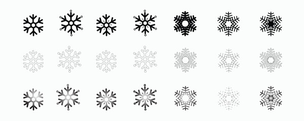 Snowflake variations icon collection. Snowflakes white ice crystal on white background. Winter symbol. Christmas logo sign.